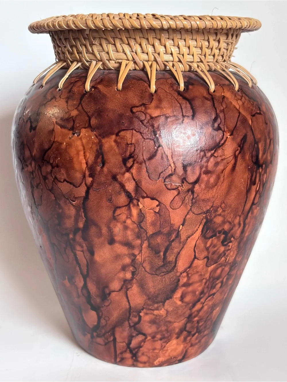 Indonesian Vase Terracotta & Woven Rattan Lombok 9” x 7
